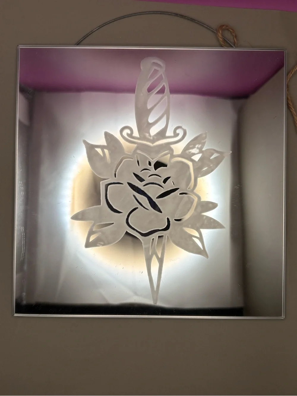 Hand Crafted Silver Mirrored Wall Decor with Etched Rose and Dagger